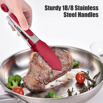 Kitchen Tongs with Silicone Tips for Cooking Serving (3Pcs, Navy) | 600°F Heat Resistant Food Tong, Heavy Duty Stainless Steel Locking Tong for BBQ, Grilling Steak, Salad, Toast, Pasta