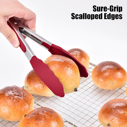 Kitchen Tongs with Silicone Tips for Cooking Serving (3Pcs, Navy) | 600°F Heat Resistant Food Tong, Heavy Duty Stainless Steel Locking Tong for BBQ, Grilling Steak, Salad, Toast, Pasta