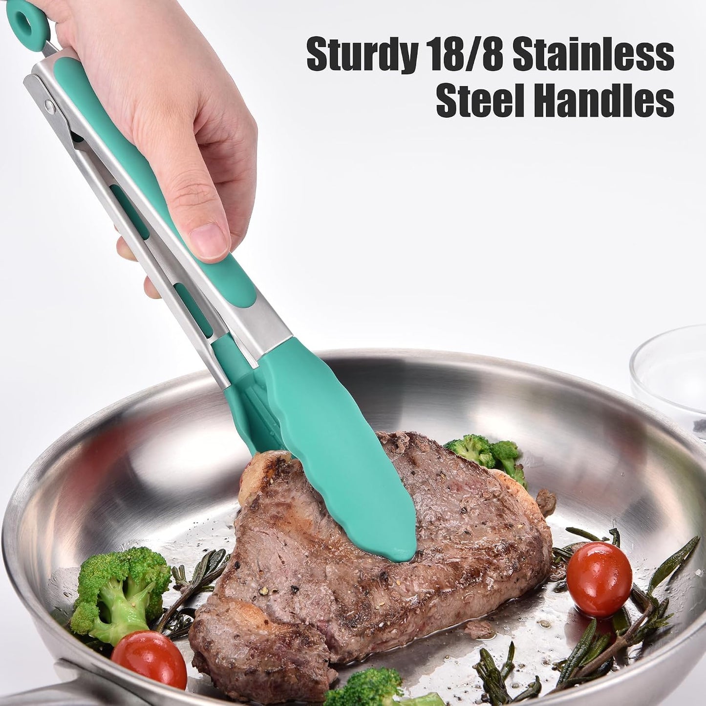 Kitchen Tongs with Silicone Tips for Cooking Serving (3Pcs, Navy) | 600°F Heat Resistant Food Tong, Heavy Duty Stainless Steel Locking Tong for BBQ, Grilling Steak, Salad, Toast, Pasta