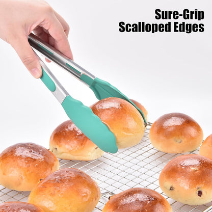 Kitchen Tongs with Silicone Tips for Cooking Serving (3Pcs, Navy) | 600°F Heat Resistant Food Tong, Heavy Duty Stainless Steel Locking Tong for BBQ, Grilling Steak, Salad, Toast, Pasta