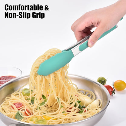 Kitchen Tongs with Silicone Tips for Cooking Serving (3Pcs, Navy) | 600°F Heat Resistant Food Tong, Heavy Duty Stainless Steel Locking Tong for BBQ, Grilling Steak, Salad, Toast, Pasta