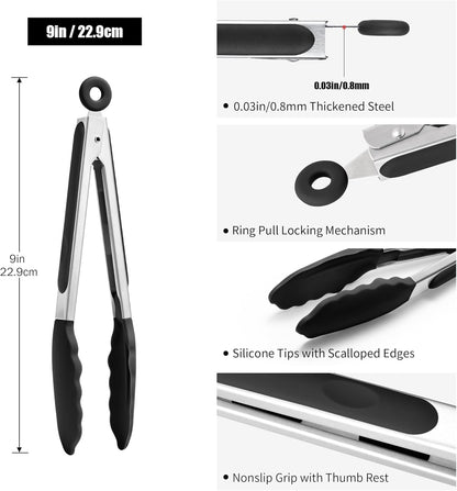 Kitchen Tongs with Silicone Tips for Cooking Serving (3Pcs, Navy) | 600°F Heat Resistant Food Tong, Heavy Duty Stainless Steel Locking Tong for BBQ, Grilling Steak, Salad, Toast, Pasta