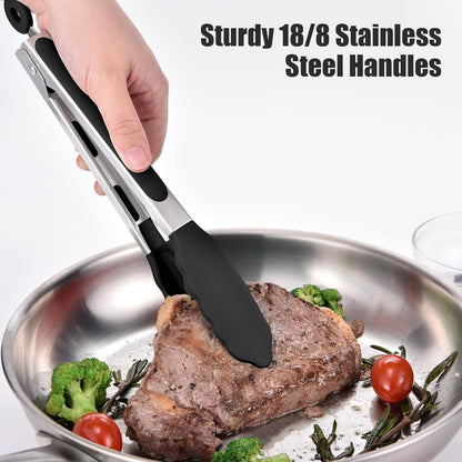 Kitchen Tongs with Silicone Tips for Cooking Serving (3Pcs, Navy) | 600°F Heat Resistant Food Tong, Heavy Duty Stainless Steel Locking Tong for BBQ, Grilling Steak, Salad, Toast, Pasta