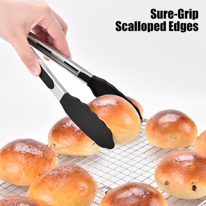 Kitchen Tongs with Silicone Tips for Cooking Serving (3Pcs, Navy) | 600°F Heat Resistant Food Tong, Heavy Duty Stainless Steel Locking Tong for BBQ, Grilling Steak, Salad, Toast, Pasta