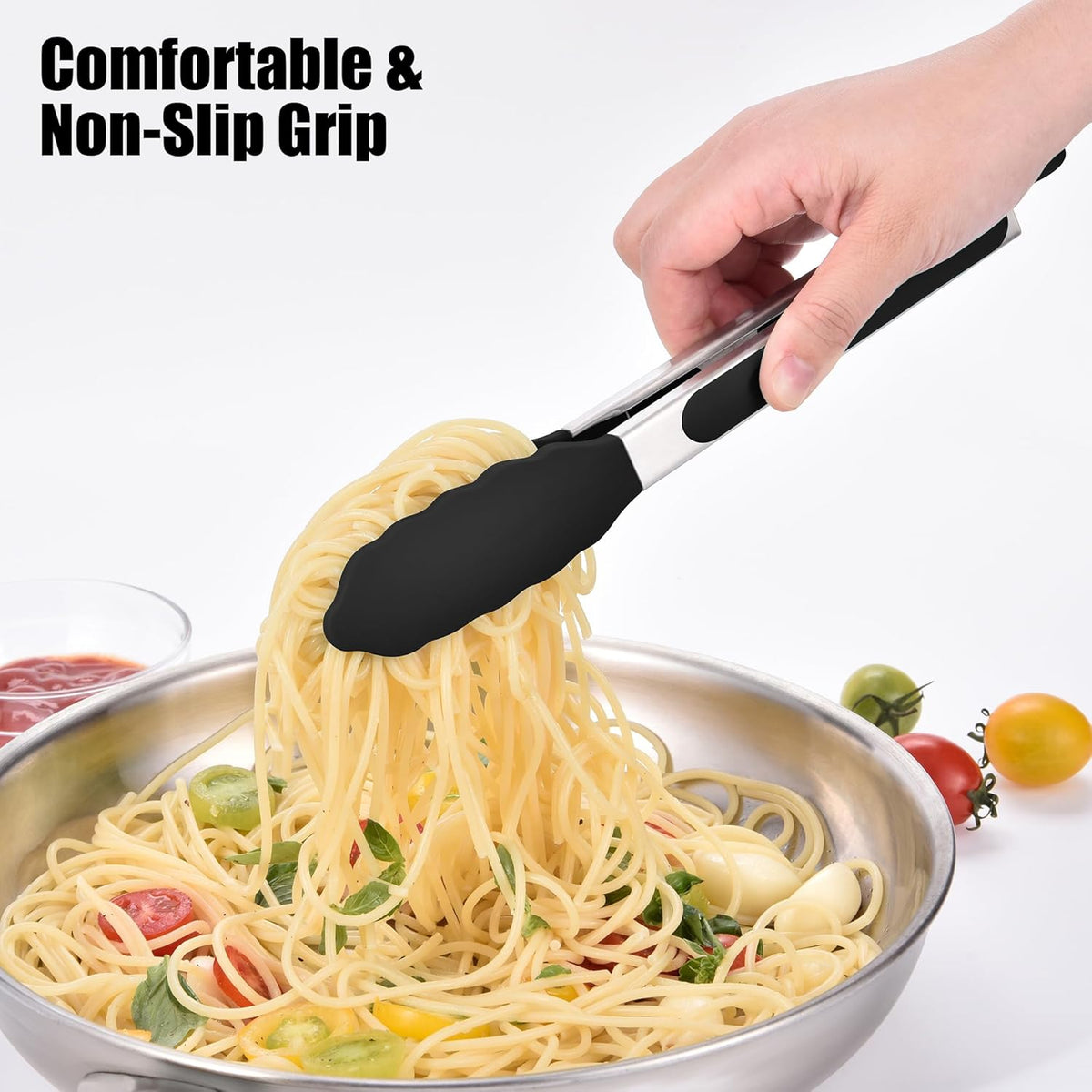 Kitchen Tongs with Silicone Tips for Cooking Serving (3Pcs, Navy) | 600°F Heat Resistant Food Tong, Heavy Duty Stainless Steel Locking Tong for BBQ, Grilling Steak, Salad, Toast, Pasta