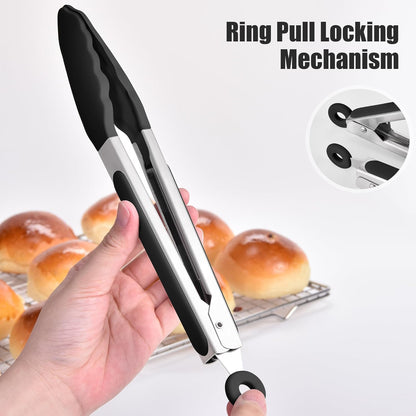 Kitchen Tongs with Silicone Tips for Cooking Serving (3Pcs, Navy) | 600°F Heat Resistant Food Tong, Heavy Duty Stainless Steel Locking Tong for BBQ, Grilling Steak, Salad, Toast, Pasta