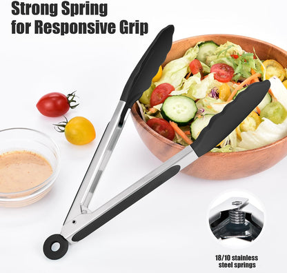 Kitchen Tongs with Silicone Tips for Cooking Serving (3Pcs, Navy) | 600°F Heat Resistant Food Tong, Heavy Duty Stainless Steel Locking Tong for BBQ, Grilling Steak, Salad, Toast, Pasta
