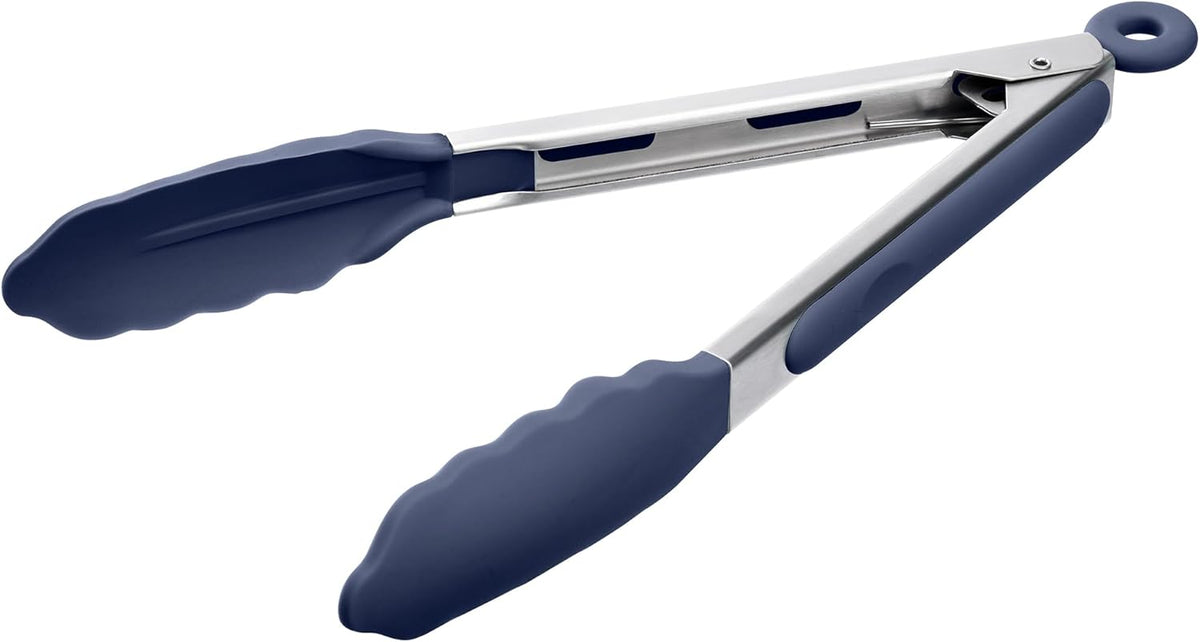 Kitchen Tongs with Silicone Tips for Cooking Serving (3Pcs, Navy) | 600°F Heat Resistant Food Tong, Heavy Duty Stainless Steel Locking Tong for BBQ, Grilling Steak, Salad, Toast, Pasta