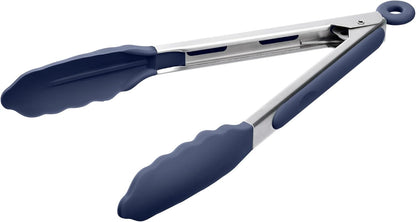 Kitchen Tongs with Silicone Tips for Cooking Serving (3Pcs, Navy) | 600°F Heat Resistant Food Tong, Heavy Duty Stainless Steel Locking Tong for BBQ, Grilling Steak, Salad, Toast, Pasta