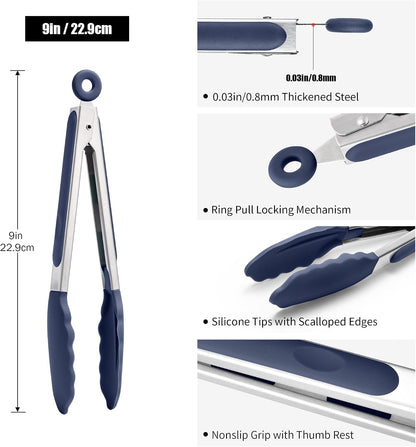 Kitchen Tongs with Silicone Tips for Cooking Serving (3Pcs, Navy) | 600°F Heat Resistant Food Tong, Heavy Duty Stainless Steel Locking Tong for BBQ, Grilling Steak, Salad, Toast, Pasta