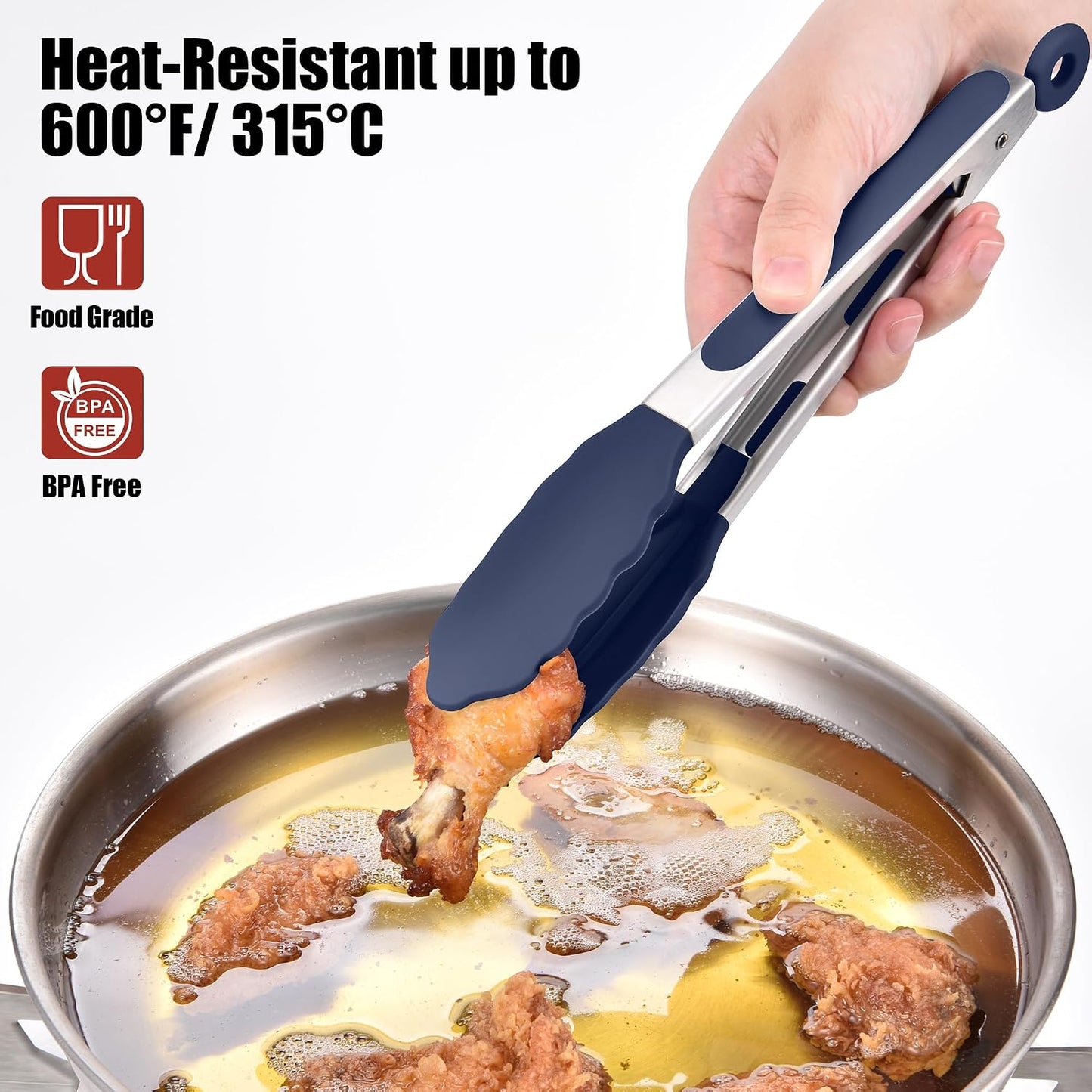 Kitchen Tongs with Silicone Tips for Cooking Serving (3Pcs, Navy) | 600°F Heat Resistant Food Tong, Heavy Duty Stainless Steel Locking Tong for BBQ, Grilling Steak, Salad, Toast, Pasta