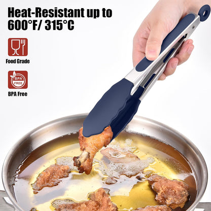Kitchen Tongs with Silicone Tips for Cooking Serving (3Pcs, Navy) | 600°F Heat Resistant Food Tong, Heavy Duty Stainless Steel Locking Tong for BBQ, Grilling Steak, Salad, Toast, Pasta