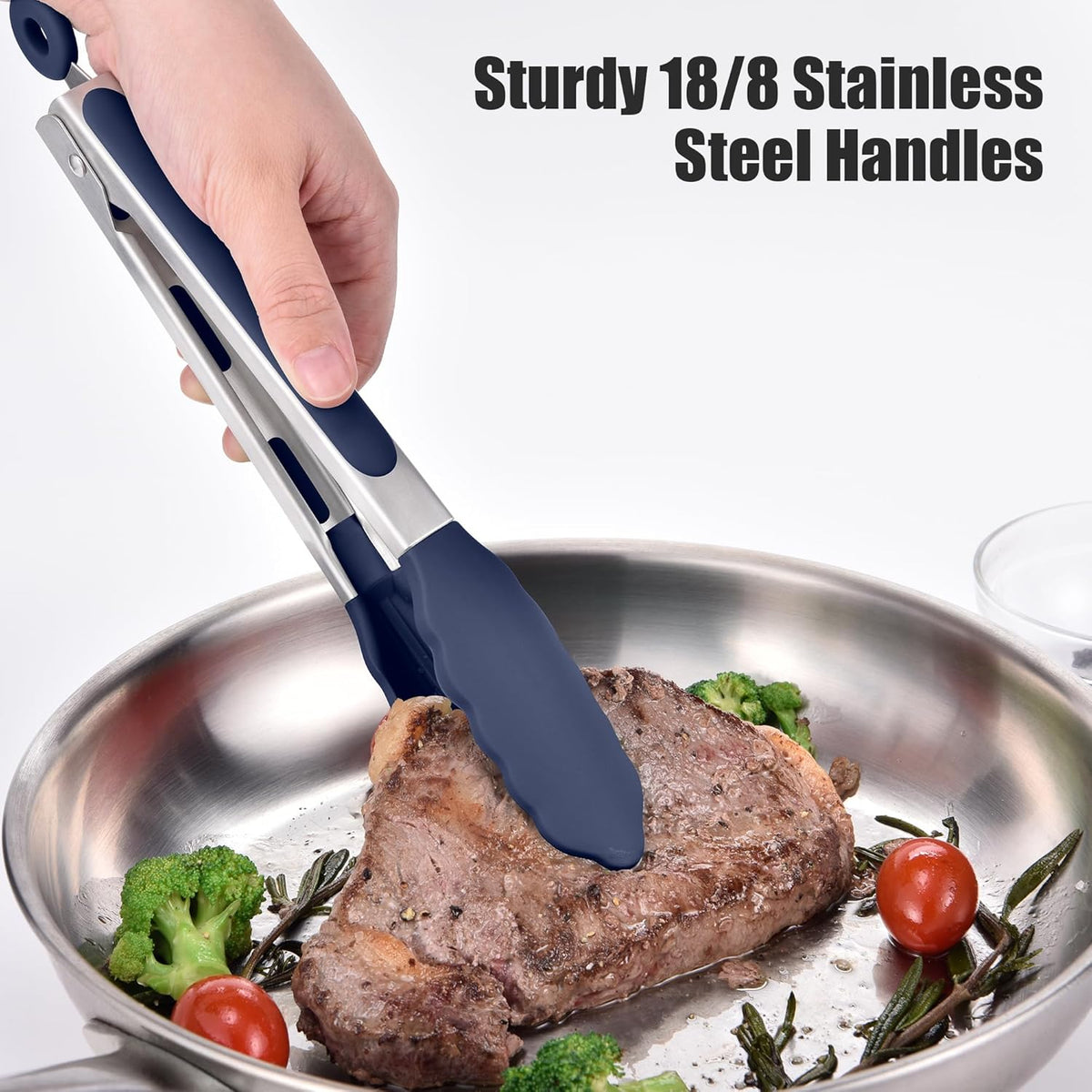 Kitchen Tongs with Silicone Tips for Cooking Serving (3Pcs, Navy) | 600°F Heat Resistant Food Tong, Heavy Duty Stainless Steel Locking Tong for BBQ, Grilling Steak, Salad, Toast, Pasta