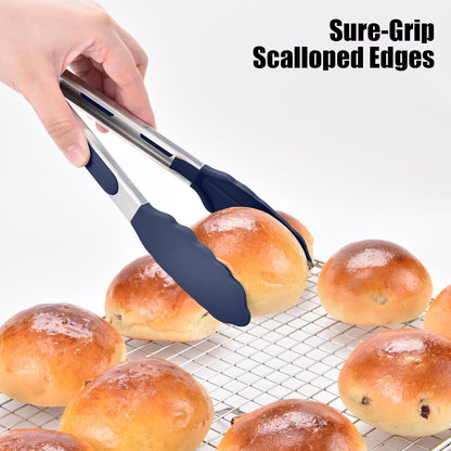 Kitchen Tongs with Silicone Tips for Cooking Serving (3Pcs, Navy) | 600°F Heat Resistant Food Tong, Heavy Duty Stainless Steel Locking Tong for BBQ, Grilling Steak, Salad, Toast, Pasta