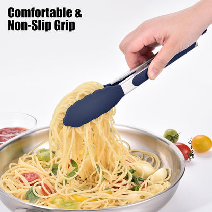 Kitchen Tongs with Silicone Tips for Cooking Serving (3Pcs, Navy) | 600°F Heat Resistant Food Tong, Heavy Duty Stainless Steel Locking Tong for BBQ, Grilling Steak, Salad, Toast, Pasta