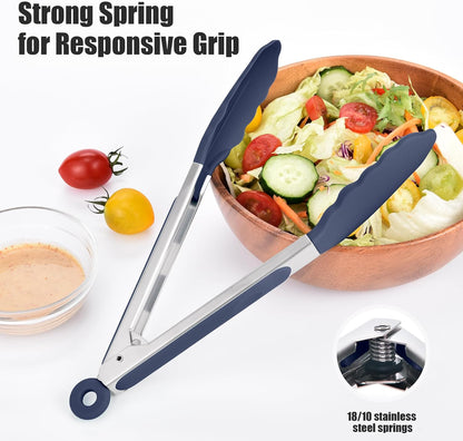 Kitchen Tongs with Silicone Tips for Cooking Serving (3Pcs, Navy) | 600°F Heat Resistant Food Tong, Heavy Duty Stainless Steel Locking Tong for BBQ, Grilling Steak, Salad, Toast, Pasta