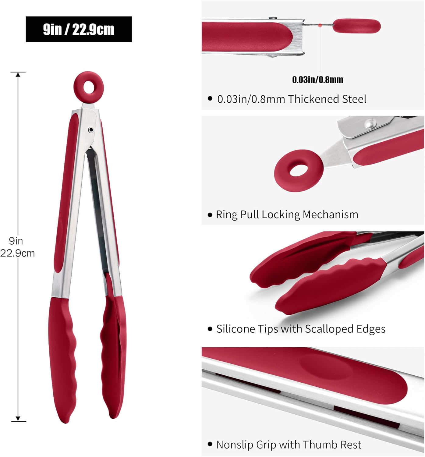 Kitchen Tongs with Silicone Tips for Cooking Serving (3Pcs, Navy) | 600°F Heat Resistant Food Tong, Heavy Duty Stainless Steel Locking Tong for BBQ, Grilling Steak, Salad, Toast, Pasta
