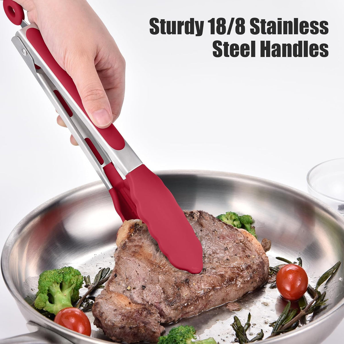 Kitchen Tongs with Silicone Tips for Cooking Serving (3Pcs, Navy) | 600°F Heat Resistant Food Tong, Heavy Duty Stainless Steel Locking Tong for BBQ, Grilling Steak, Salad, Toast, Pasta