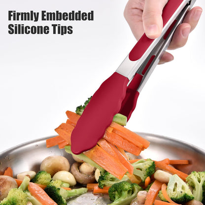 Kitchen Tongs with Silicone Tips for Cooking Serving (3Pcs, Navy) | 600°F Heat Resistant Food Tong, Heavy Duty Stainless Steel Locking Tong for BBQ, Grilling Steak, Salad, Toast, Pasta