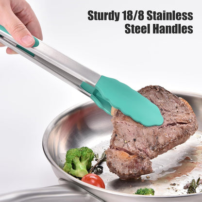 Kitchen Tongs with Silicone Tips for Cooking Serving (3Pcs, Navy) | 600°F Heat Resistant Food Tong, Heavy Duty Stainless Steel Locking Tong for BBQ, Grilling Steak, Salad, Toast, Pasta