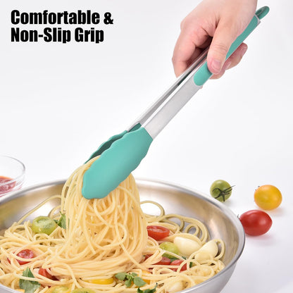 Kitchen Tongs with Silicone Tips for Cooking Serving (3Pcs, Navy) | 600°F Heat Resistant Food Tong, Heavy Duty Stainless Steel Locking Tong for BBQ, Grilling Steak, Salad, Toast, Pasta