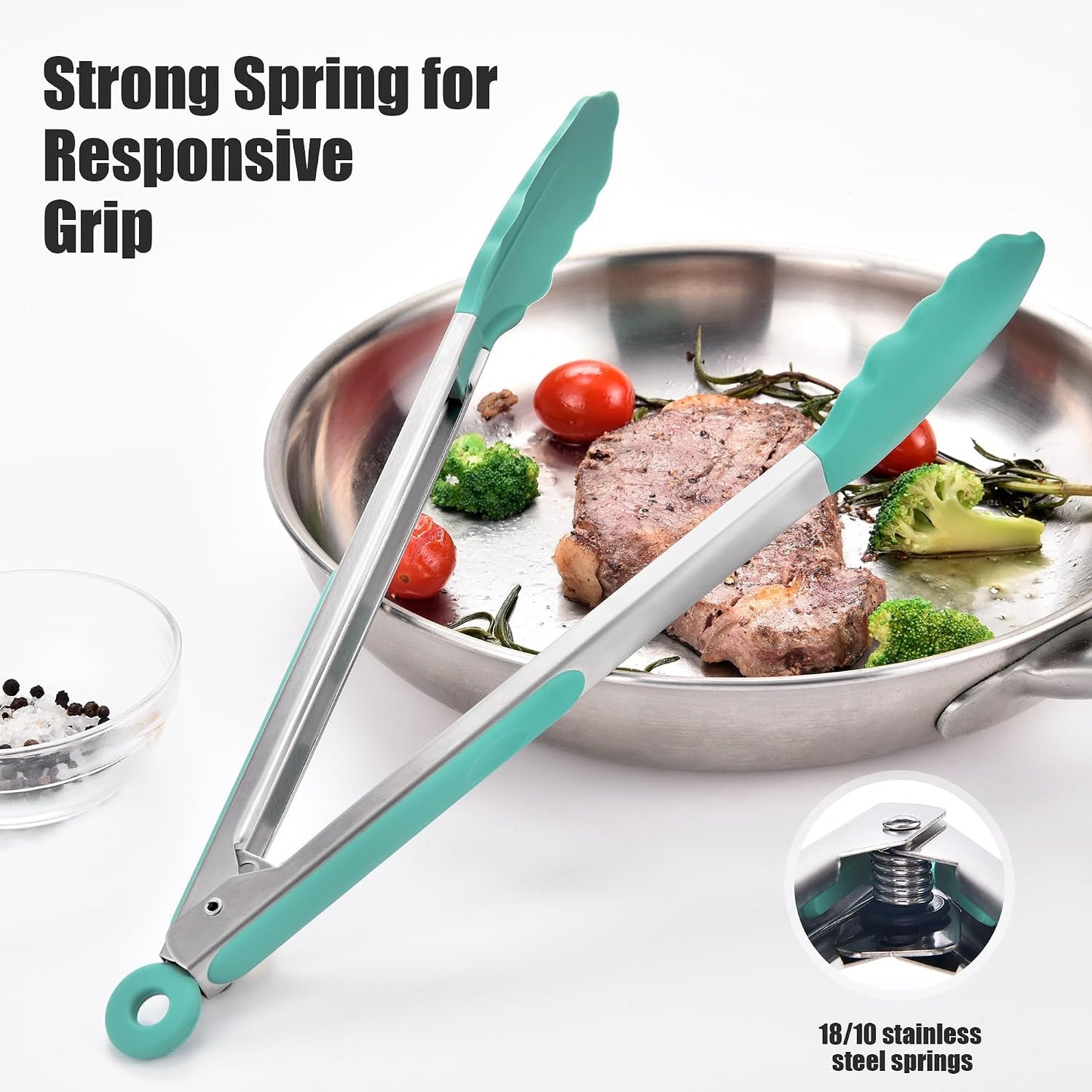 Kitchen Tongs with Silicone Tips for Cooking Serving (3Pcs, Navy) | 600°F Heat Resistant Food Tong, Heavy Duty Stainless Steel Locking Tong for BBQ, Grilling Steak, Salad, Toast, Pasta