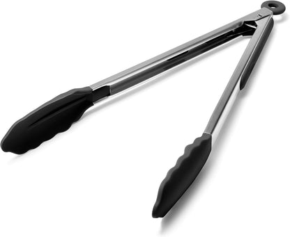 Kitchen Tongs with Silicone Tips for Cooking Serving (3Pcs, Navy) | 600°F Heat Resistant Food Tong, Heavy Duty Stainless Steel Locking Tong for BBQ, Grilling Steak, Salad, Toast, Pasta