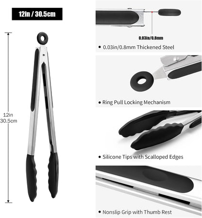 Kitchen Tongs with Silicone Tips for Cooking Serving (3Pcs, Navy) | 600°F Heat Resistant Food Tong, Heavy Duty Stainless Steel Locking Tong for BBQ, Grilling Steak, Salad, Toast, Pasta