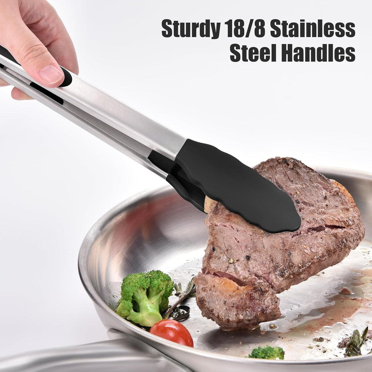 Kitchen Tongs with Silicone Tips for Cooking Serving (3Pcs, Navy) | 600°F Heat Resistant Food Tong, Heavy Duty Stainless Steel Locking Tong for BBQ, Grilling Steak, Salad, Toast, Pasta