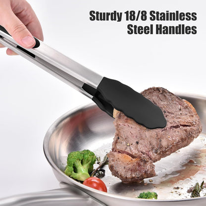 Kitchen Tongs with Silicone Tips for Cooking Serving (3Pcs, Navy) | 600°F Heat Resistant Food Tong, Heavy Duty Stainless Steel Locking Tong for BBQ, Grilling Steak, Salad, Toast, Pasta