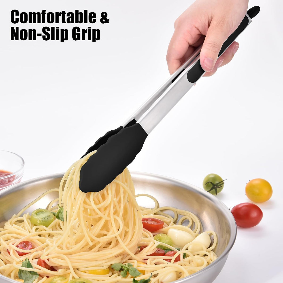 Kitchen Tongs with Silicone Tips for Cooking Serving (3Pcs, Navy) | 600°F Heat Resistant Food Tong, Heavy Duty Stainless Steel Locking Tong for BBQ, Grilling Steak, Salad, Toast, Pasta