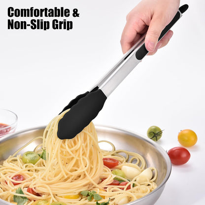 Kitchen Tongs with Silicone Tips for Cooking Serving (3Pcs, Navy) | 600°F Heat Resistant Food Tong, Heavy Duty Stainless Steel Locking Tong for BBQ, Grilling Steak, Salad, Toast, Pasta