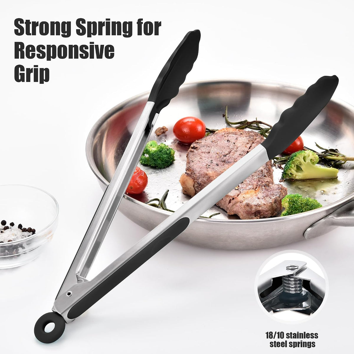 Kitchen Tongs with Silicone Tips for Cooking Serving (3Pcs, Navy) | 600°F Heat Resistant Food Tong, Heavy Duty Stainless Steel Locking Tong for BBQ, Grilling Steak, Salad, Toast, Pasta