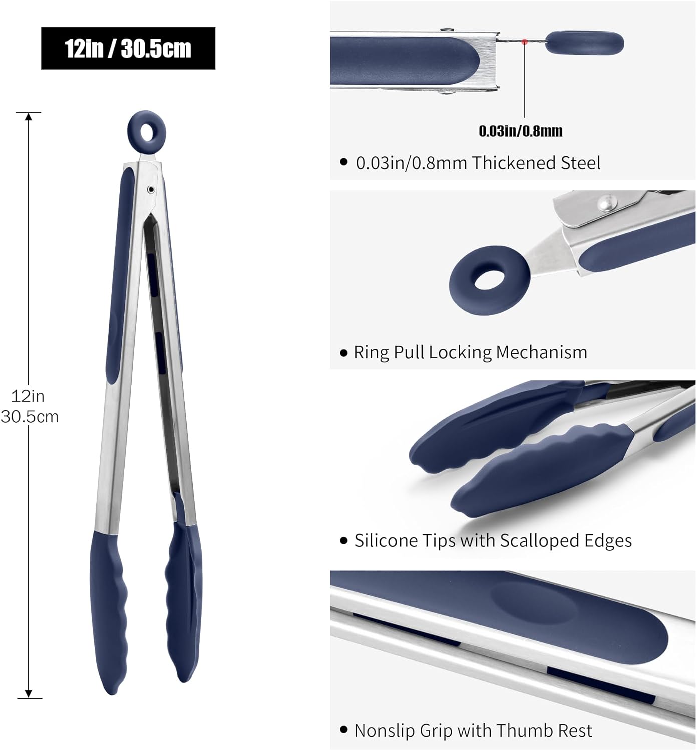 Kitchen Tongs with Silicone Tips for Cooking Serving (3Pcs, Navy) | 600°F Heat Resistant Food Tong, Heavy Duty Stainless Steel Locking Tong for BBQ, Grilling Steak, Salad, Toast, Pasta