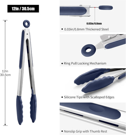 Kitchen Tongs with Silicone Tips for Cooking Serving (3Pcs, Navy) | 600°F Heat Resistant Food Tong, Heavy Duty Stainless Steel Locking Tong for BBQ, Grilling Steak, Salad, Toast, Pasta