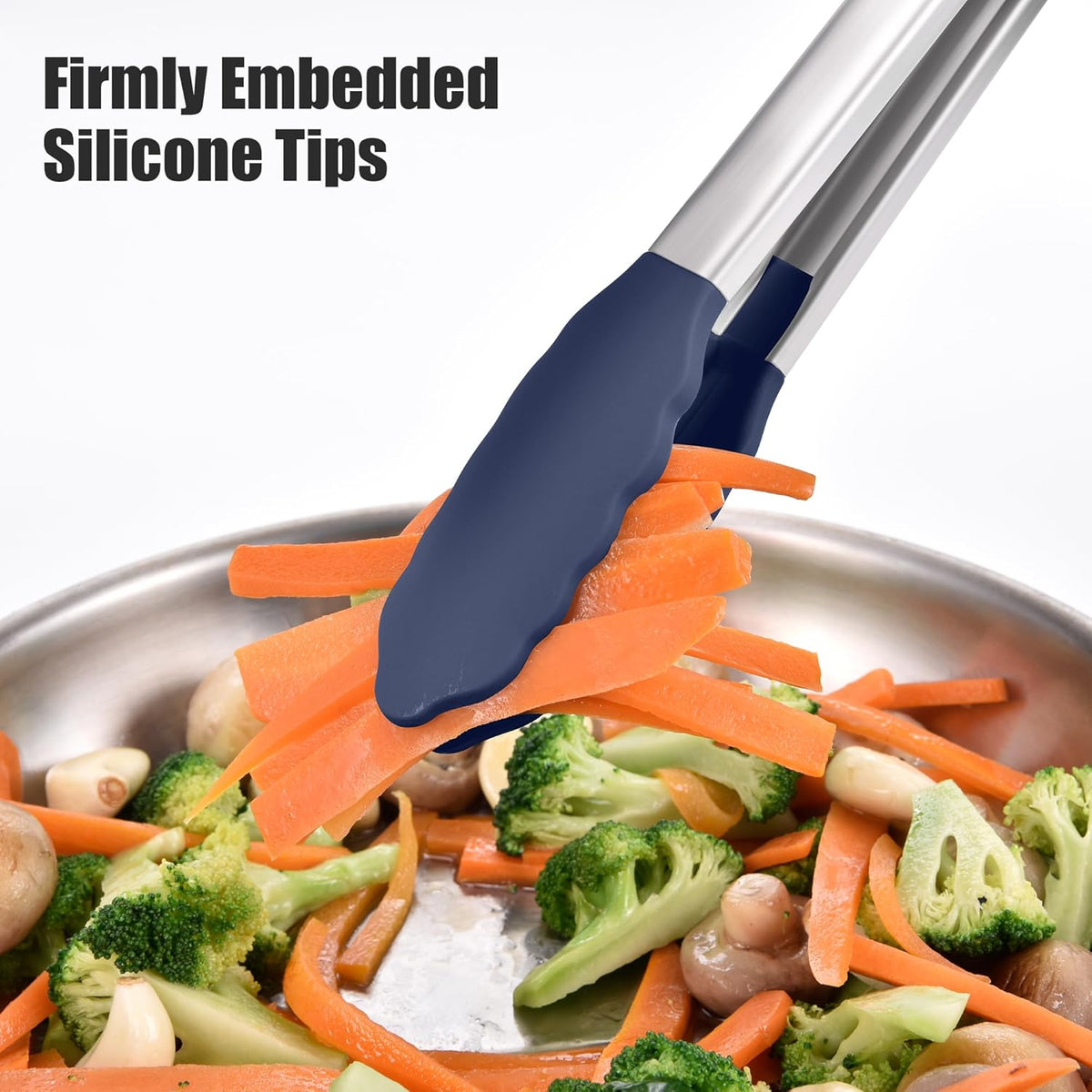 Kitchen Tongs with Silicone Tips for Cooking Serving (3Pcs, Navy) | 600°F Heat Resistant Food Tong, Heavy Duty Stainless Steel Locking Tong for BBQ, Grilling Steak, Salad, Toast, Pasta
