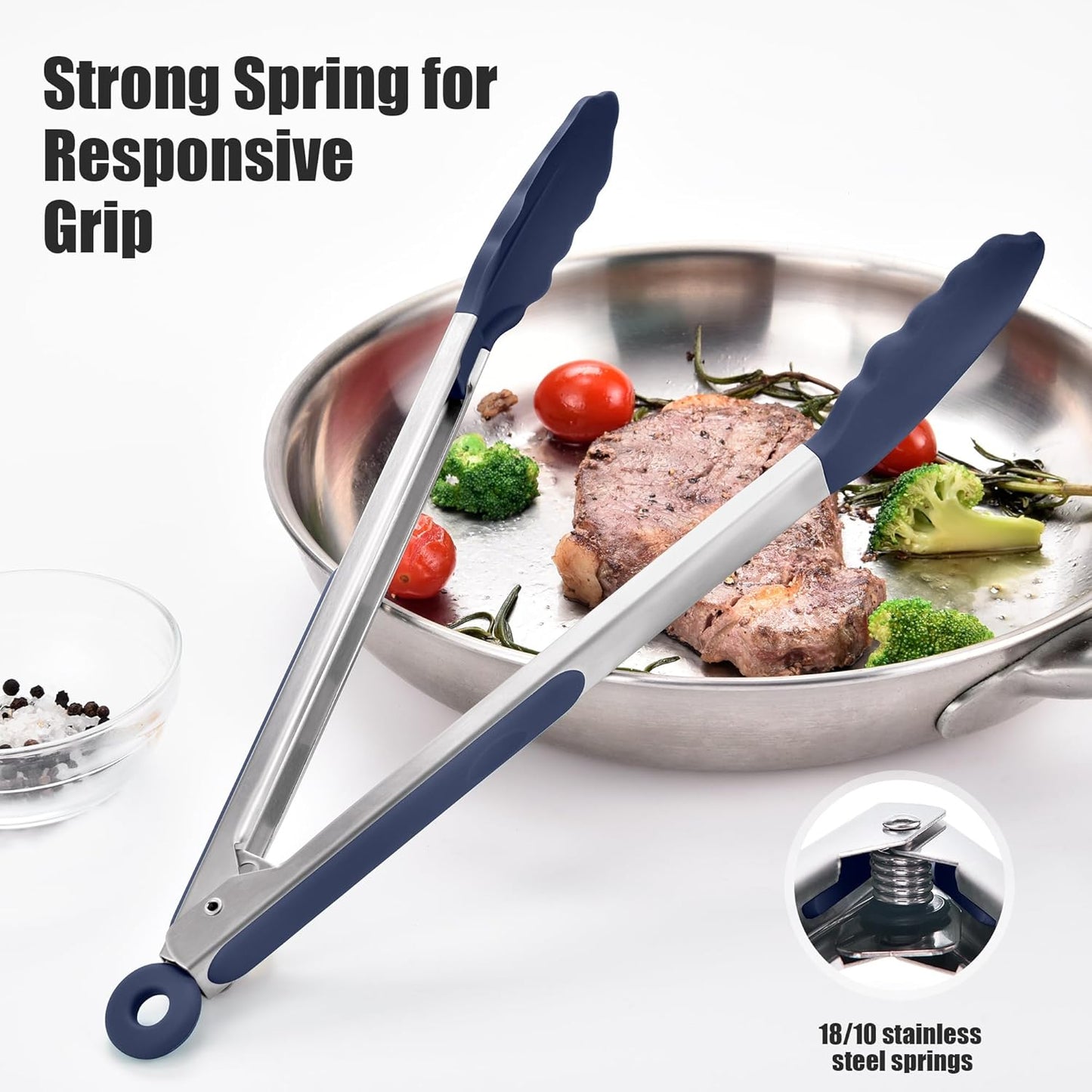 Kitchen Tongs with Silicone Tips for Cooking Serving (3Pcs, Navy) | 600°F Heat Resistant Food Tong, Heavy Duty Stainless Steel Locking Tong for BBQ, Grilling Steak, Salad, Toast, Pasta