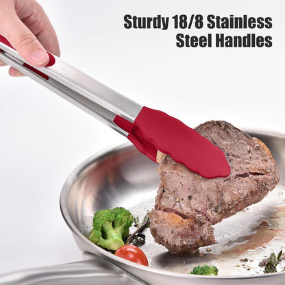 Kitchen Tongs with Silicone Tips for Cooking Serving (3Pcs, Navy) | 600°F Heat Resistant Food Tong, Heavy Duty Stainless Steel Locking Tong for BBQ, Grilling Steak, Salad, Toast, Pasta