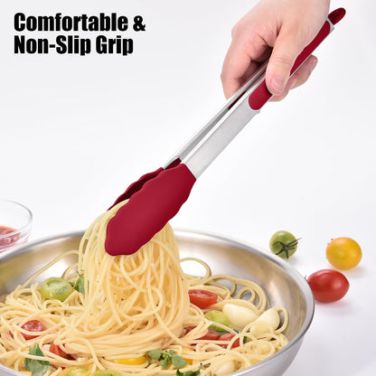 Kitchen Tongs with Silicone Tips for Cooking Serving (3Pcs, Navy) | 600°F Heat Resistant Food Tong, Heavy Duty Stainless Steel Locking Tong for BBQ, Grilling Steak, Salad, Toast, Pasta