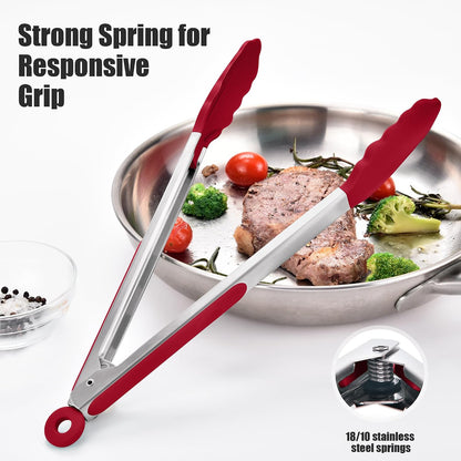 Kitchen Tongs with Silicone Tips for Cooking Serving (3Pcs, Navy) | 600°F Heat Resistant Food Tong, Heavy Duty Stainless Steel Locking Tong for BBQ, Grilling Steak, Salad, Toast, Pasta