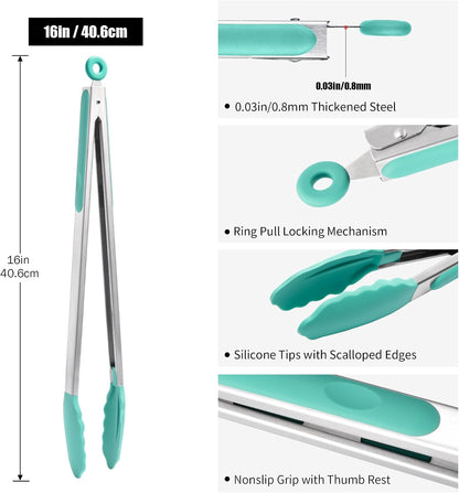 Kitchen Tongs with Silicone Tips for Cooking Serving (3Pcs, Navy) | 600°F Heat Resistant Food Tong, Heavy Duty Stainless Steel Locking Tong for BBQ, Grilling Steak, Salad, Toast, Pasta