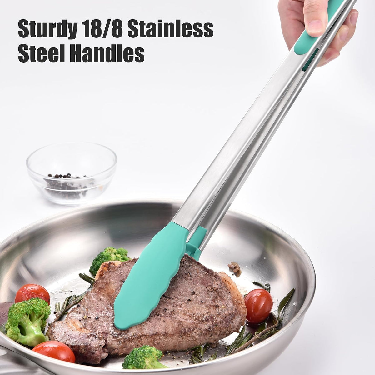 Kitchen Tongs with Silicone Tips for Cooking Serving (3Pcs, Navy) | 600°F Heat Resistant Food Tong, Heavy Duty Stainless Steel Locking Tong for BBQ, Grilling Steak, Salad, Toast, Pasta