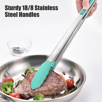 Kitchen Tongs with Silicone Tips for Cooking Serving (3Pcs, Navy) | 600°F Heat Resistant Food Tong, Heavy Duty Stainless Steel Locking Tong for BBQ, Grilling Steak, Salad, Toast, Pasta