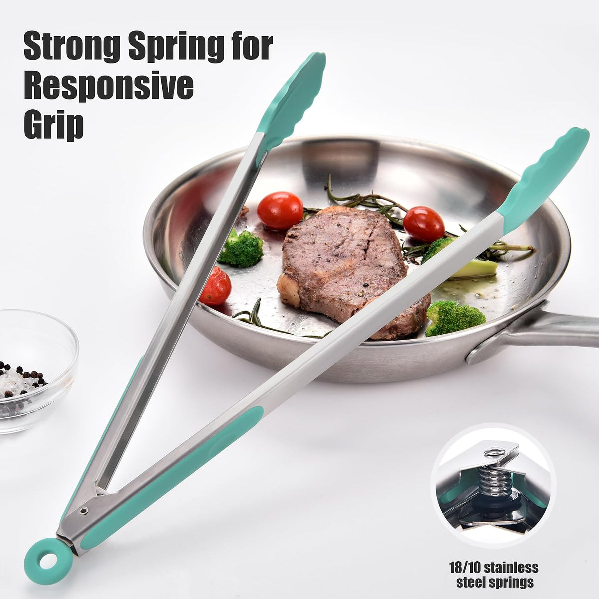 Kitchen Tongs with Silicone Tips for Cooking Serving (3Pcs, Navy) | 600°F Heat Resistant Food Tong, Heavy Duty Stainless Steel Locking Tong for BBQ, Grilling Steak, Salad, Toast, Pasta