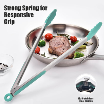 Kitchen Tongs with Silicone Tips for Cooking Serving (3Pcs, Navy) | 600°F Heat Resistant Food Tong, Heavy Duty Stainless Steel Locking Tong for BBQ, Grilling Steak, Salad, Toast, Pasta