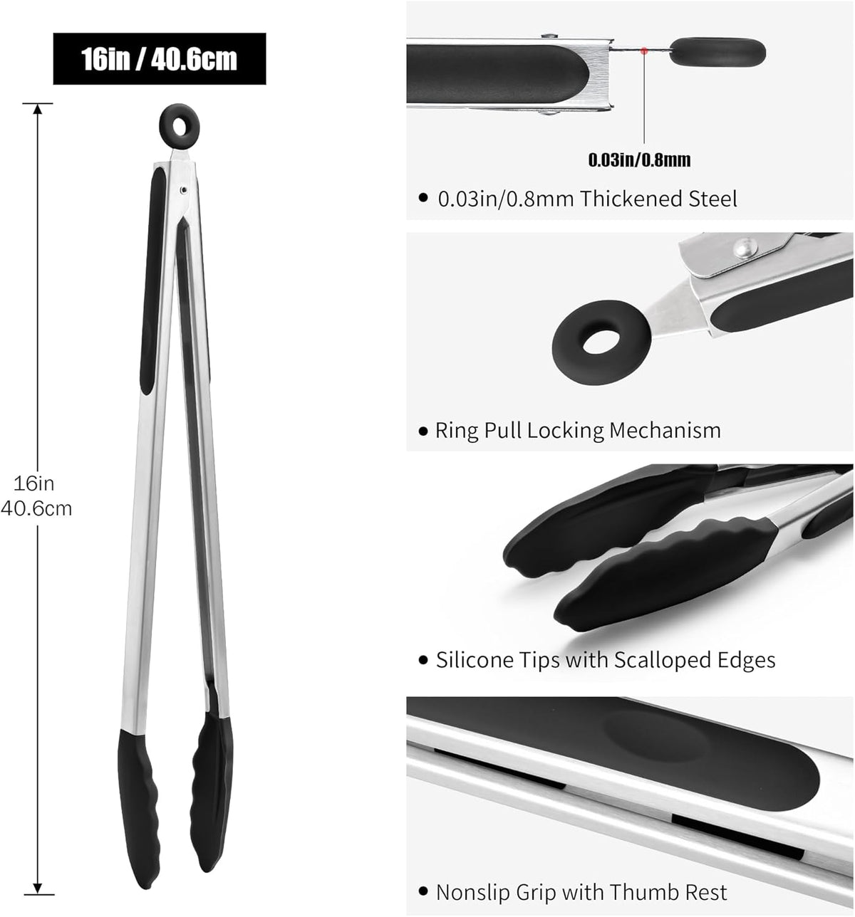 Kitchen Tongs with Silicone Tips for Cooking Serving (3Pcs, Navy) | 600°F Heat Resistant Food Tong, Heavy Duty Stainless Steel Locking Tong for BBQ, Grilling Steak, Salad, Toast, Pasta