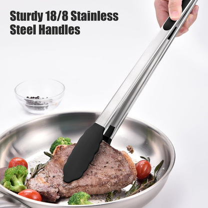 Kitchen Tongs with Silicone Tips for Cooking Serving (3Pcs, Navy) | 600°F Heat Resistant Food Tong, Heavy Duty Stainless Steel Locking Tong for BBQ, Grilling Steak, Salad, Toast, Pasta