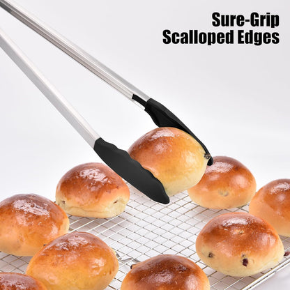 Kitchen Tongs with Silicone Tips for Cooking Serving (3Pcs, Navy) | 600°F Heat Resistant Food Tong, Heavy Duty Stainless Steel Locking Tong for BBQ, Grilling Steak, Salad, Toast, Pasta