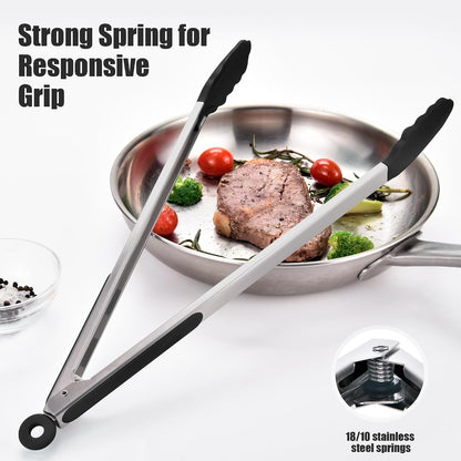Kitchen Tongs with Silicone Tips for Cooking Serving (3Pcs, Navy) | 600°F Heat Resistant Food Tong, Heavy Duty Stainless Steel Locking Tong for BBQ, Grilling Steak, Salad, Toast, Pasta