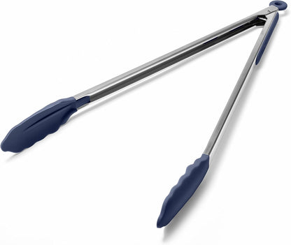 Kitchen Tongs with Silicone Tips for Cooking Serving (3Pcs, Navy) | 600°F Heat Resistant Food Tong, Heavy Duty Stainless Steel Locking Tong for BBQ, Grilling Steak, Salad, Toast, Pasta